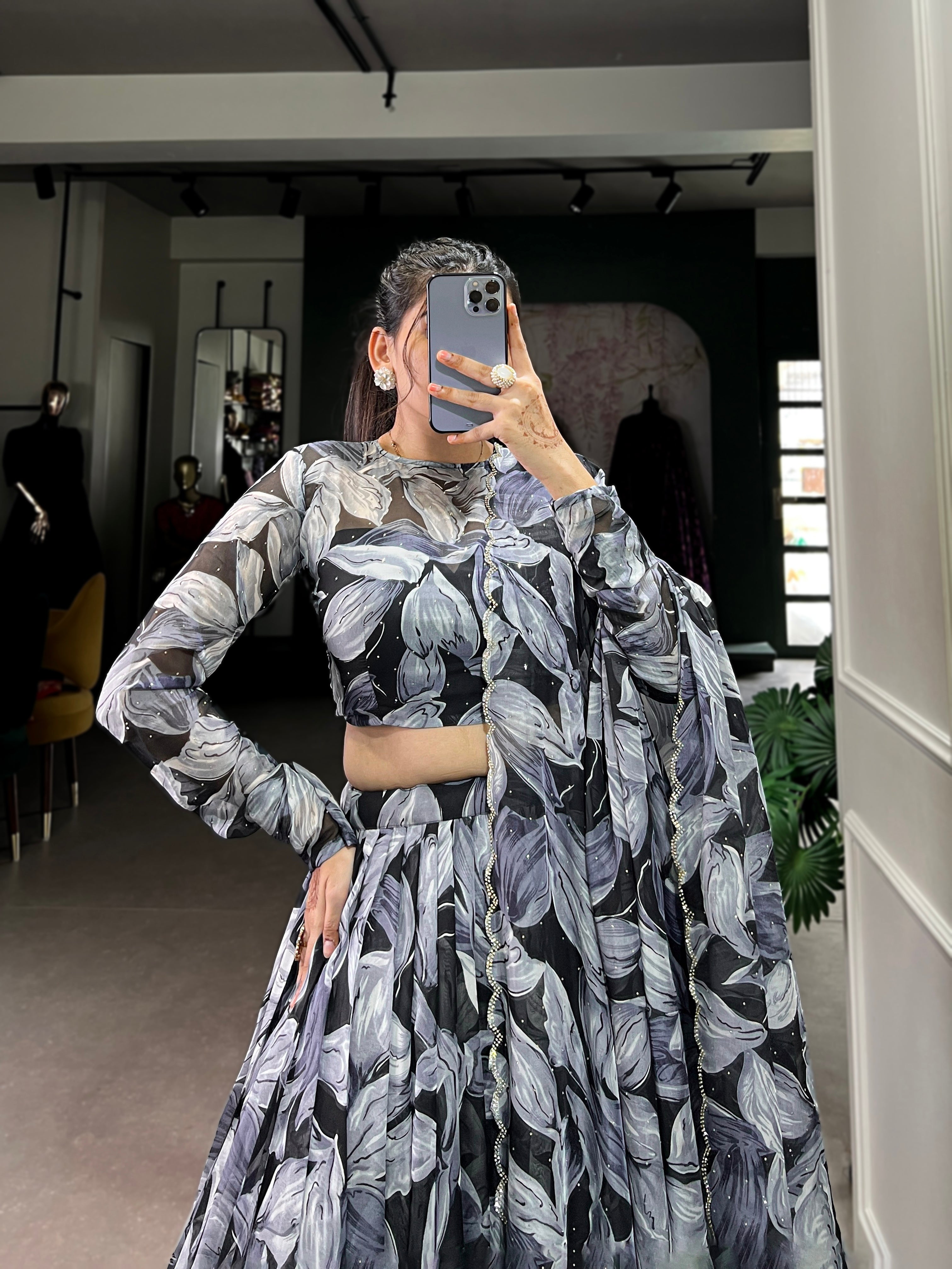 Lorenvalley Black Tabby Silk Printed with Hotfix Lehenga Choli with Dupatta | Grocsy