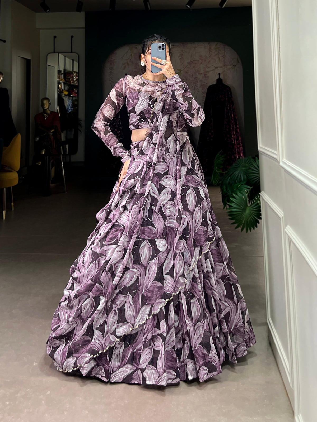 Lorenvalley Coffee Tabby Silk Printed with Hotfix Lehenga Choli with Dupatta | Grocsy