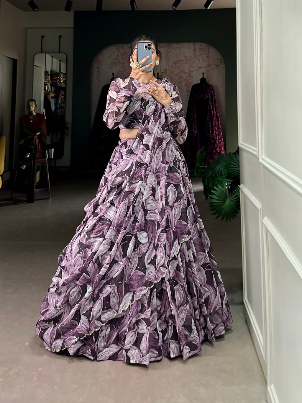 Lorenvalley Coffee Tabby Silk Printed with Hotfix Lehenga Choli with Dupatta | Grocsy