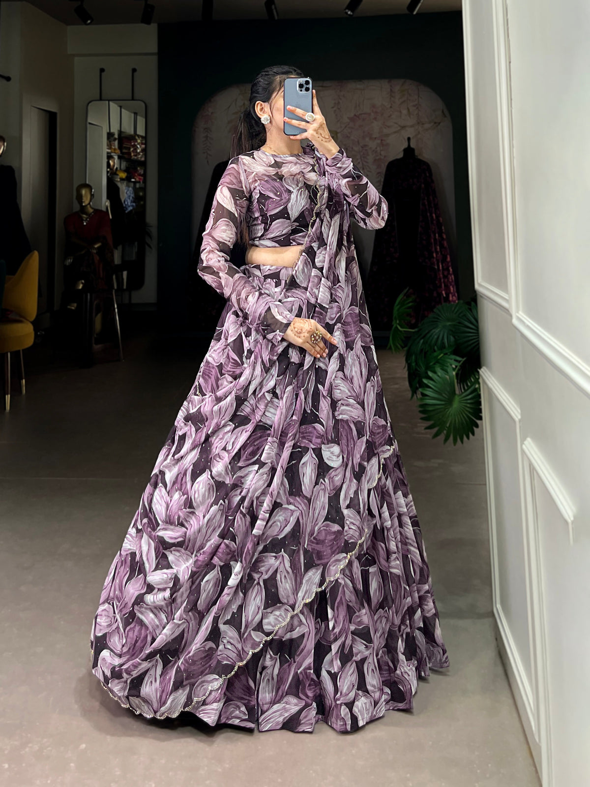 Lorenvalley Coffee Tabby Silk Printed with Hotfix Lehenga Choli with Dupatta | Grocsy