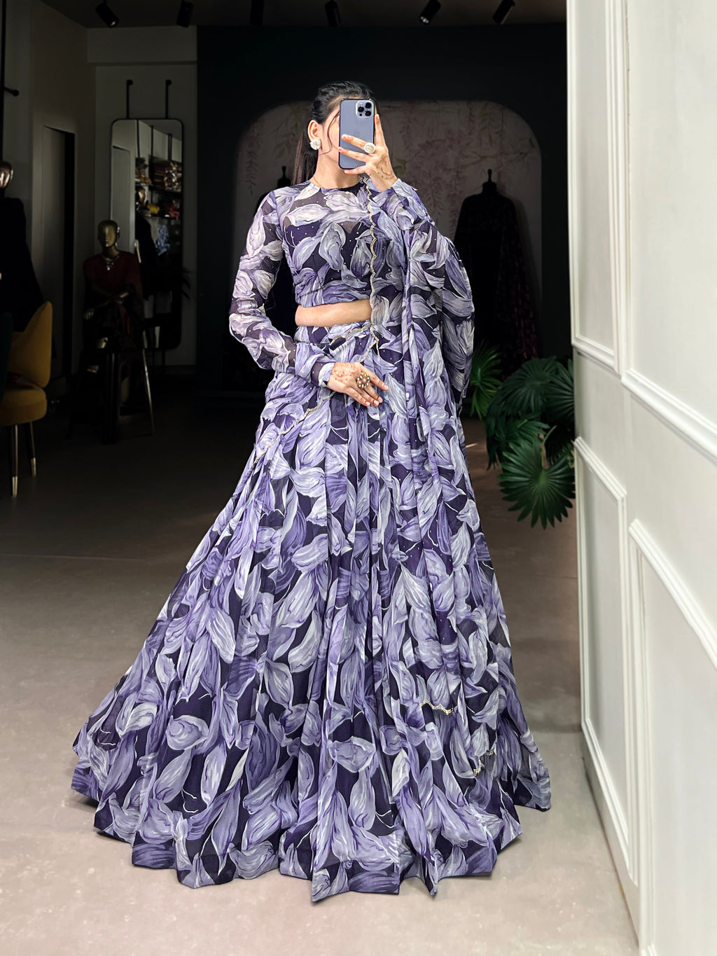 Lorenvalley Navy Blue Floral Print With Lace Touch Up Lehenga Choli with Dupatta | Grocsy