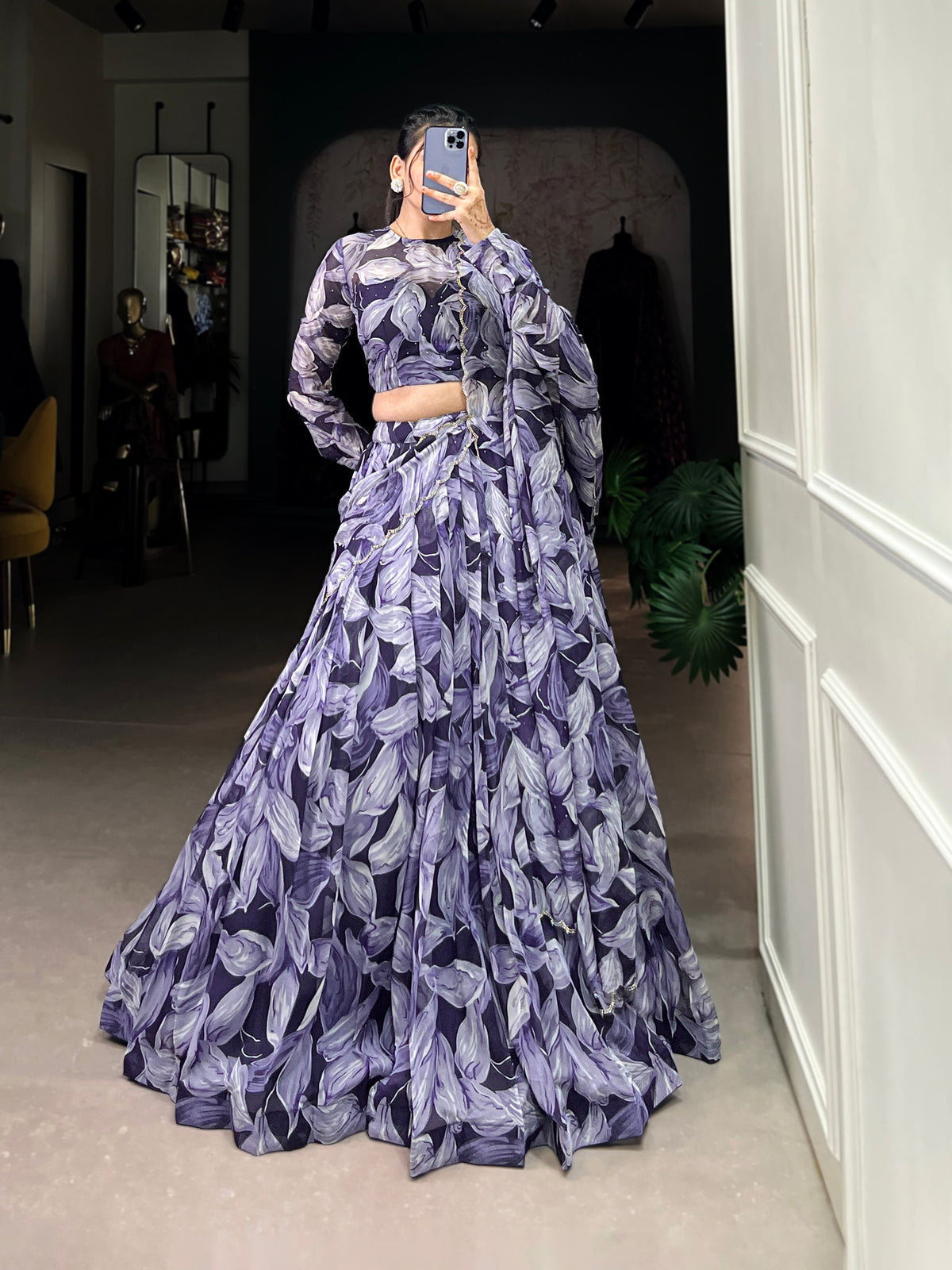 Lorenvalley Navy Blue Floral Print With Lace Touch Up Lehenga Choli with Dupatta | Grocsy