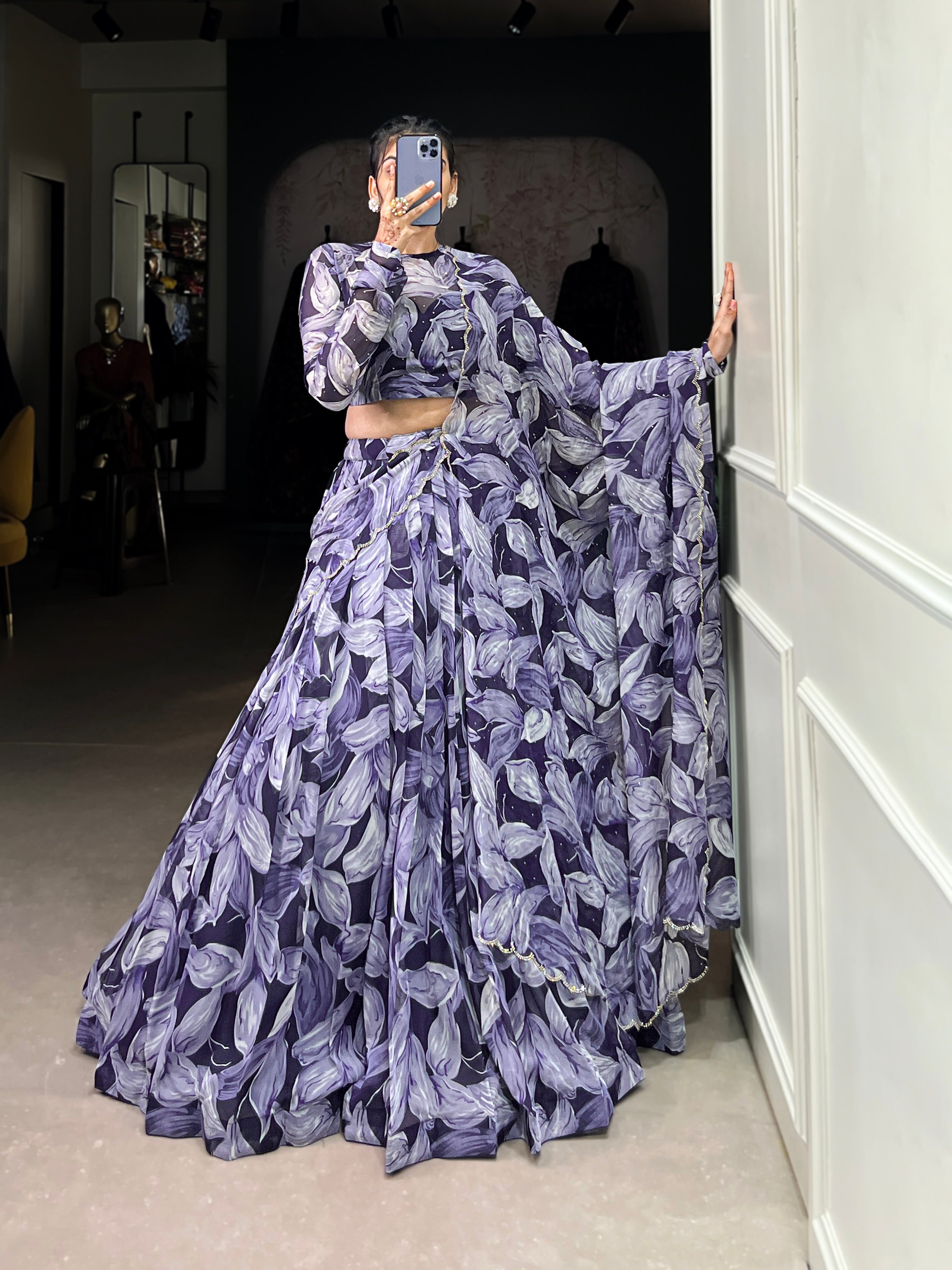 Lorenvalley Navy Blue Floral Print With Lace Touch Up Lehenga Choli with Dupatta | Grocsy