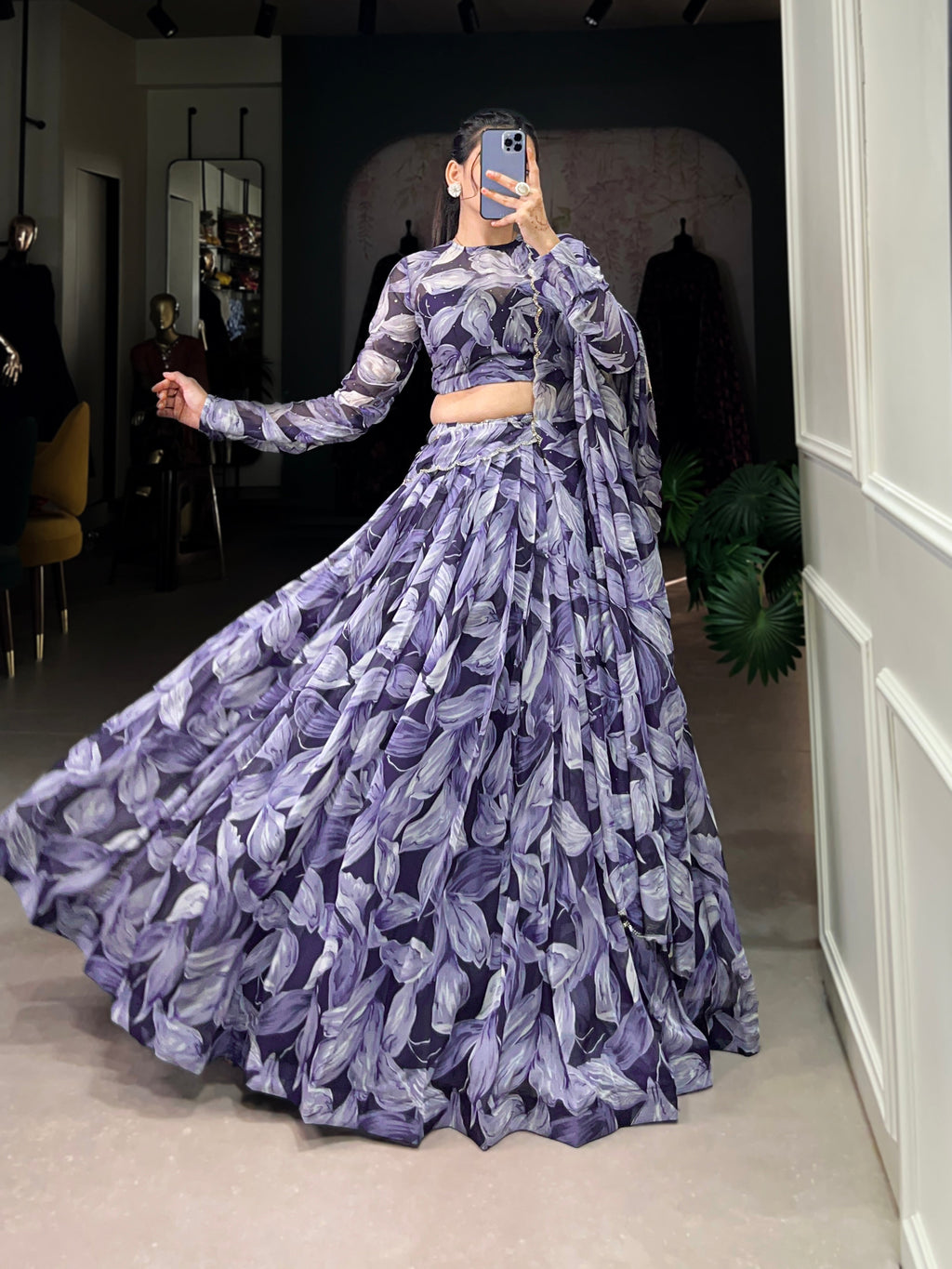 Lorenvalley Navy Blue Floral Print With Lace Touch Up Lehenga Choli with Dupatta | Grocsy