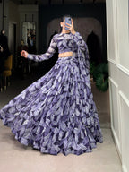Lorenvalley Navy Blue Floral Print With Lace Touch Up Lehenga Choli with Dupatta | Grocsy