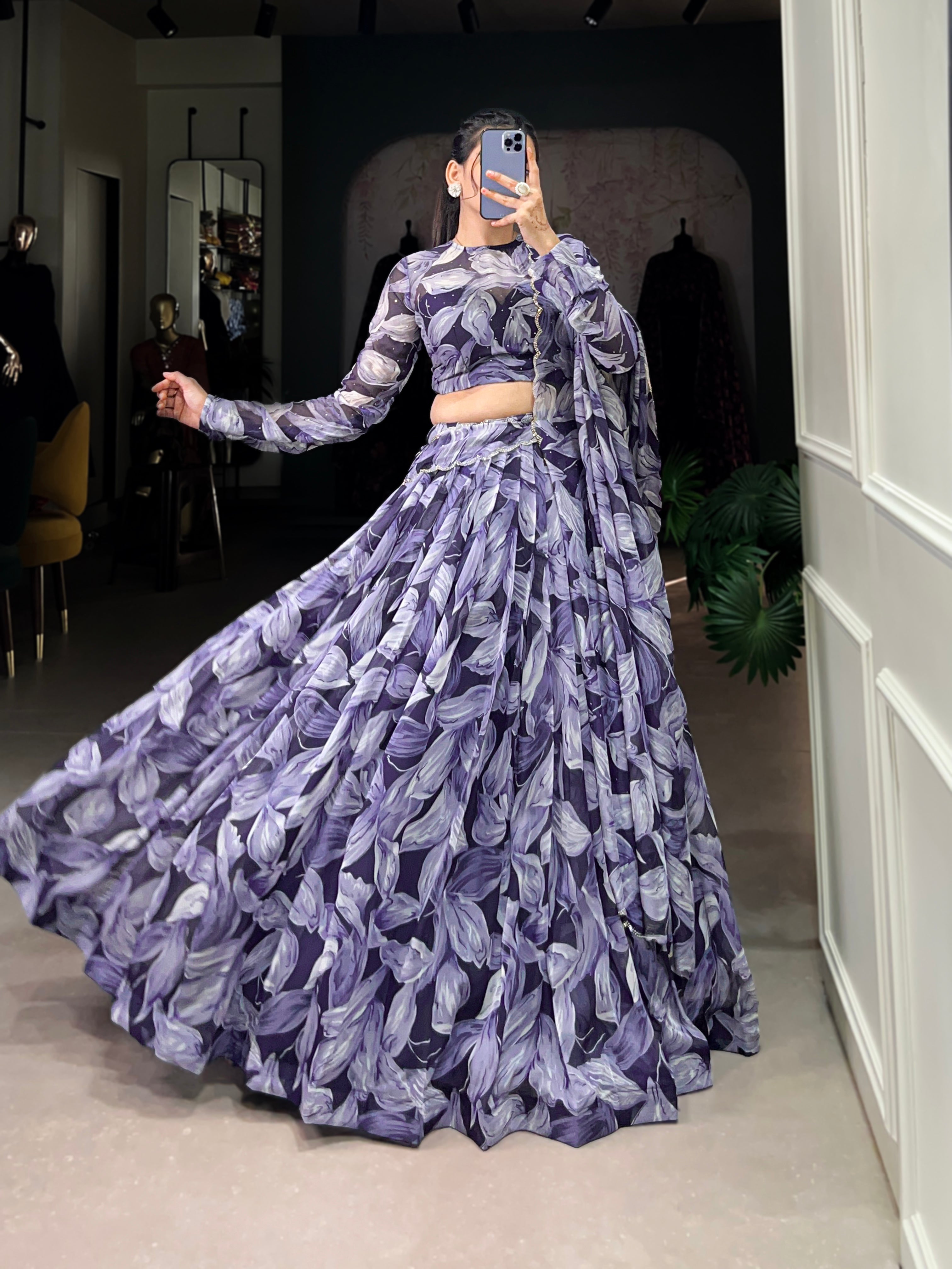 Lorenvalley Navy Blue Floral Print With Lace Touch Up Lehenga Choli with Dupatta | Grocsy