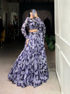 Lorenvalley Navy Blue Floral Print With Lace Touch Up Lehenga Choli with Dupatta | Grocsy