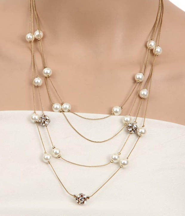 Gold-Polished Alloy Pearl And Stones Ball Necklace - The Pari | Grocsy