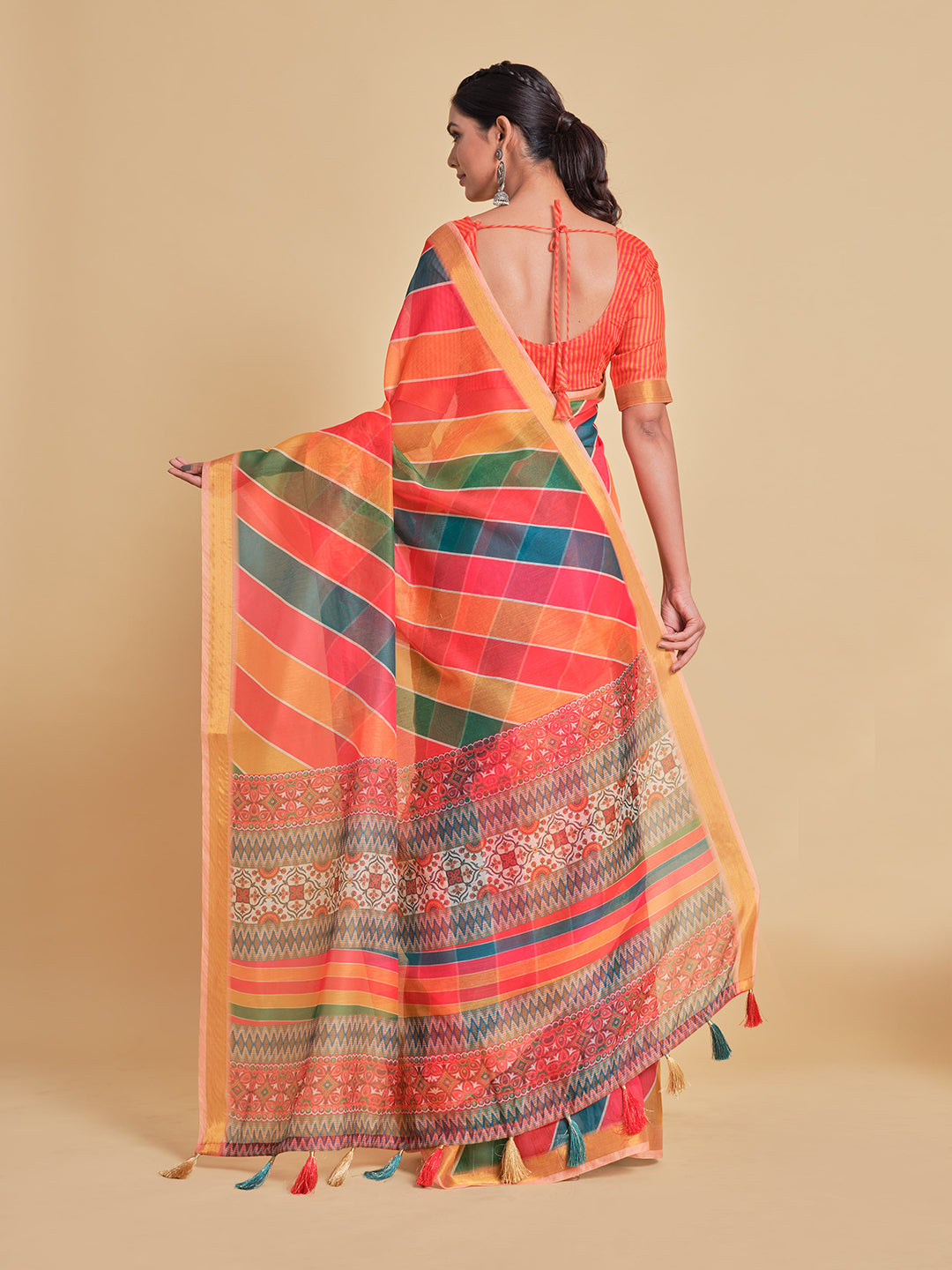 Sangria Orange & Green Printed Pure Cotton Saree | Grocsy