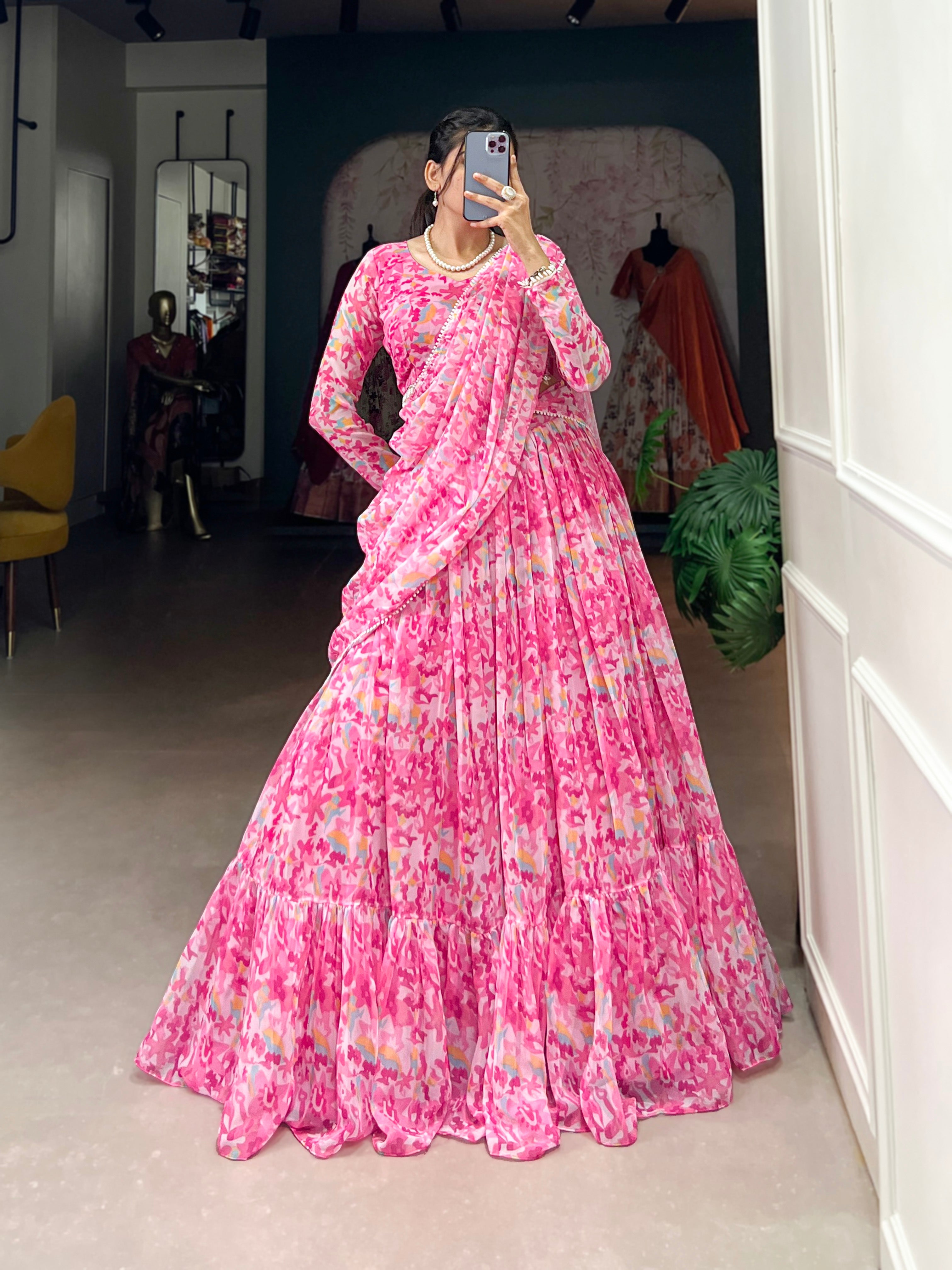 Lorenvalley Pink Georgette Printed Lehenga Choli | Grocsy