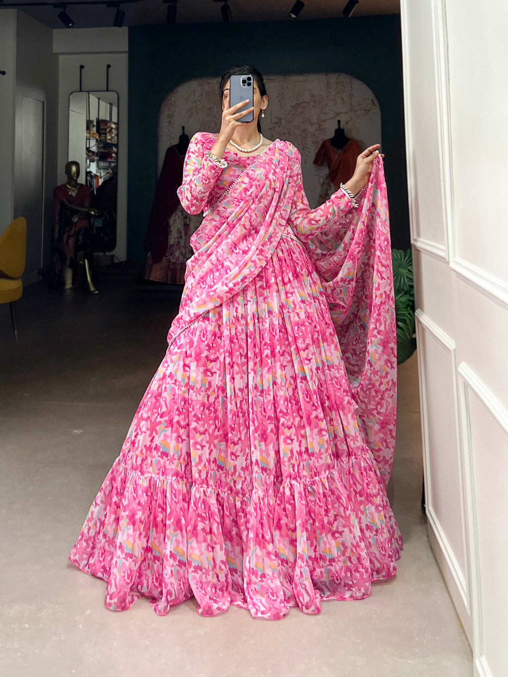 Lorenvalley Pink Georgette Printed Lehenga Choli | Grocsy