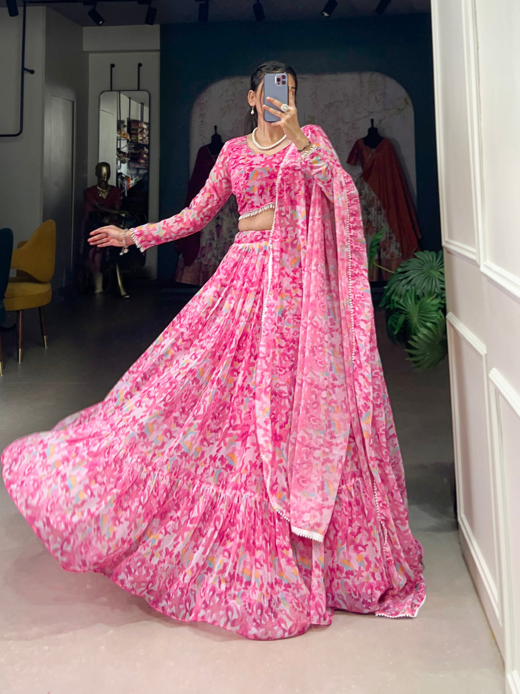 Lorenvalley Pink Georgette Printed Lehenga Choli | Grocsy