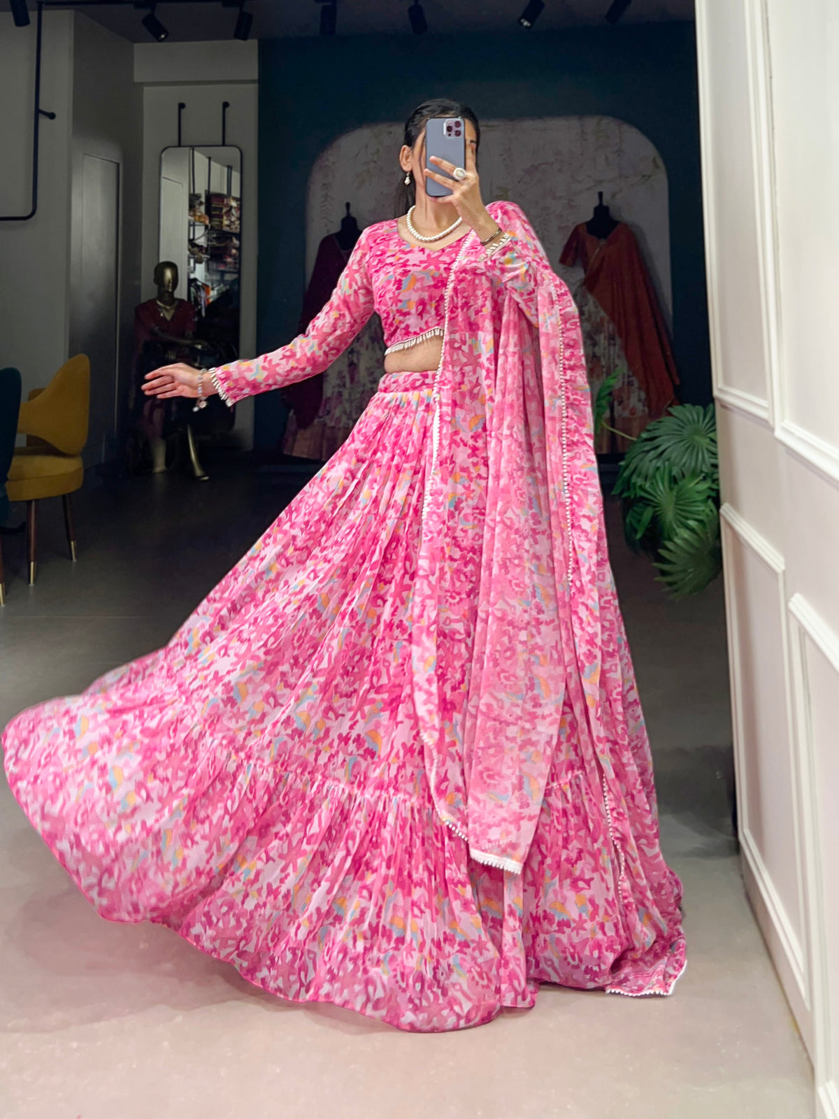 Lorenvalley Pink Georgette Printed Lehenga Choli | Grocsy