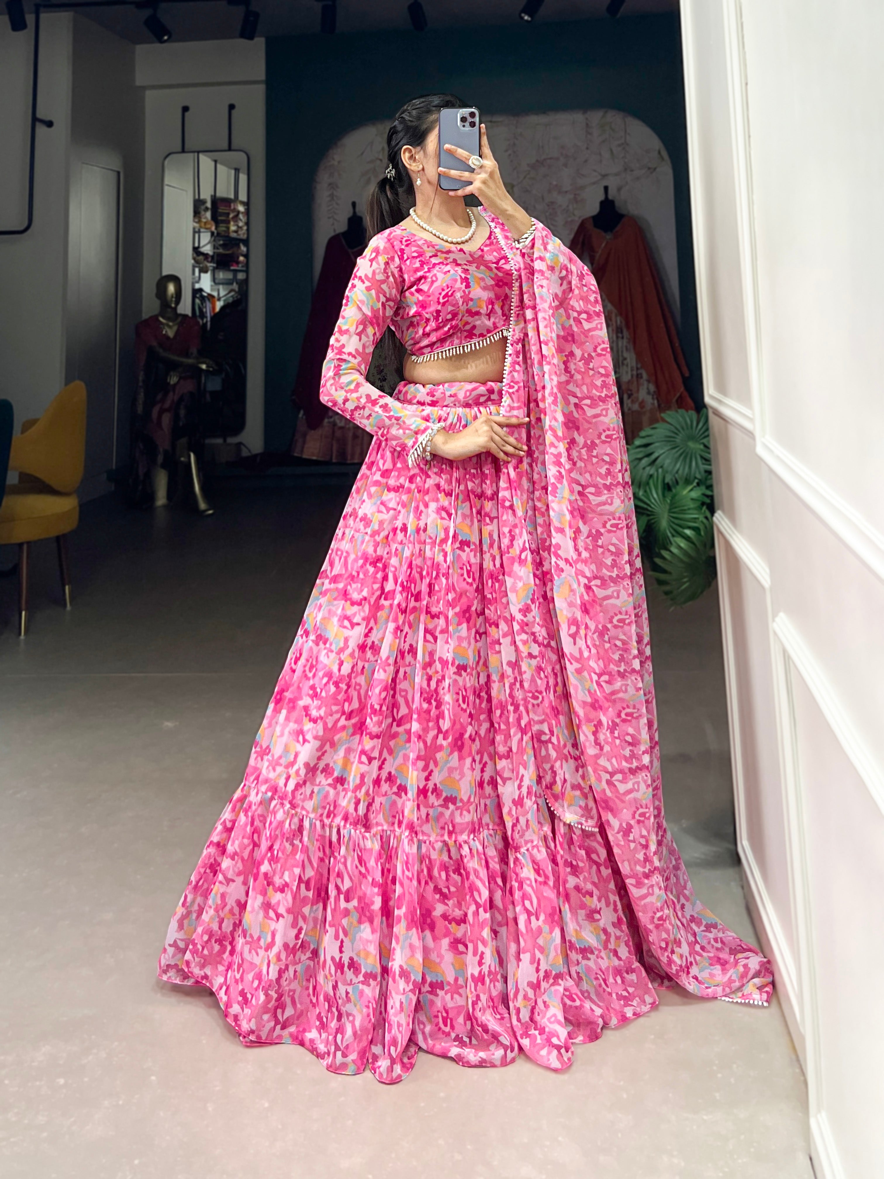 Lorenvalley Pink Georgette Printed Lehenga Choli | Grocsy