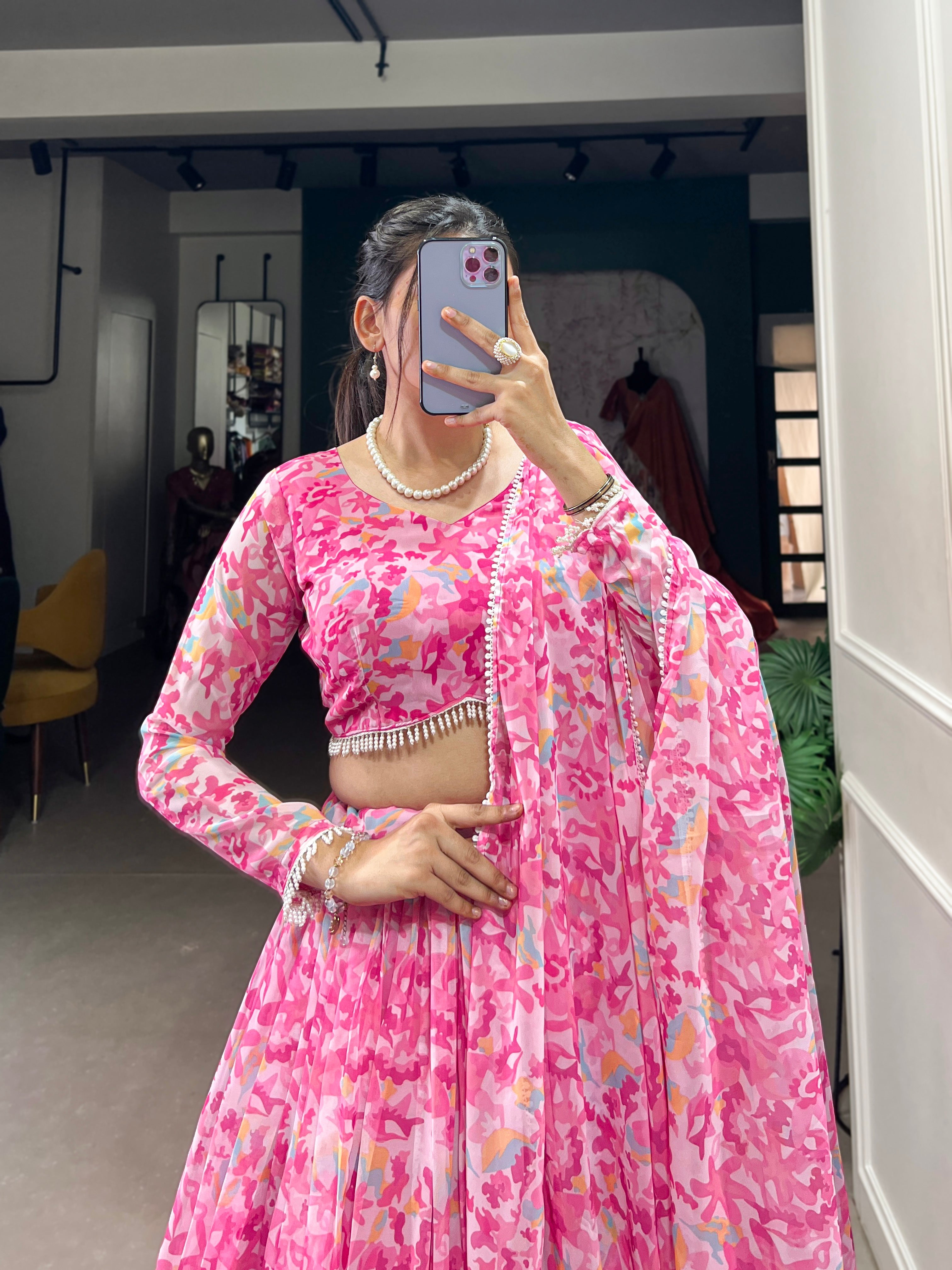 Lorenvalley Pink Georgette Printed Lehenga Choli | Grocsy