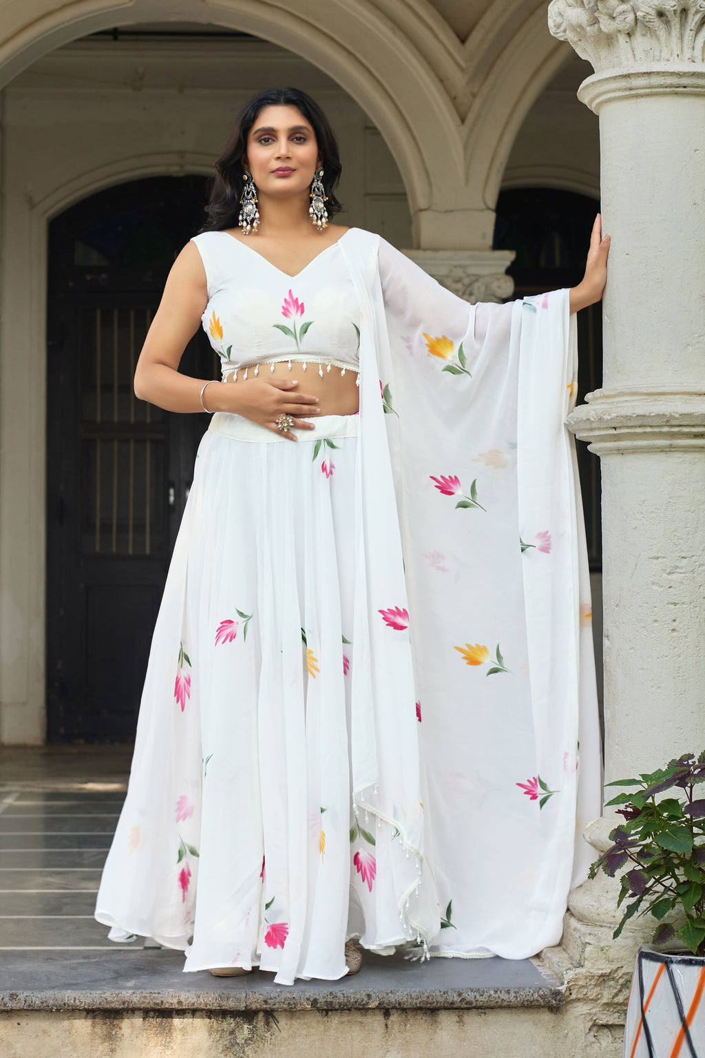 Lorenvalley Fashion White Georgette with Hand-painted Floral Design Lehenga Choli with Dupatta | Grocsy