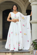 Lorenvalley Fashion White Georgette with Hand-painted Floral Design Lehenga Choli with Dupatta | Grocsy