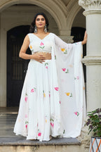 Lorenvalley Fashion White Georgette with Hand-painted Floral Design Lehenga Choli with Dupatta | Grocsy