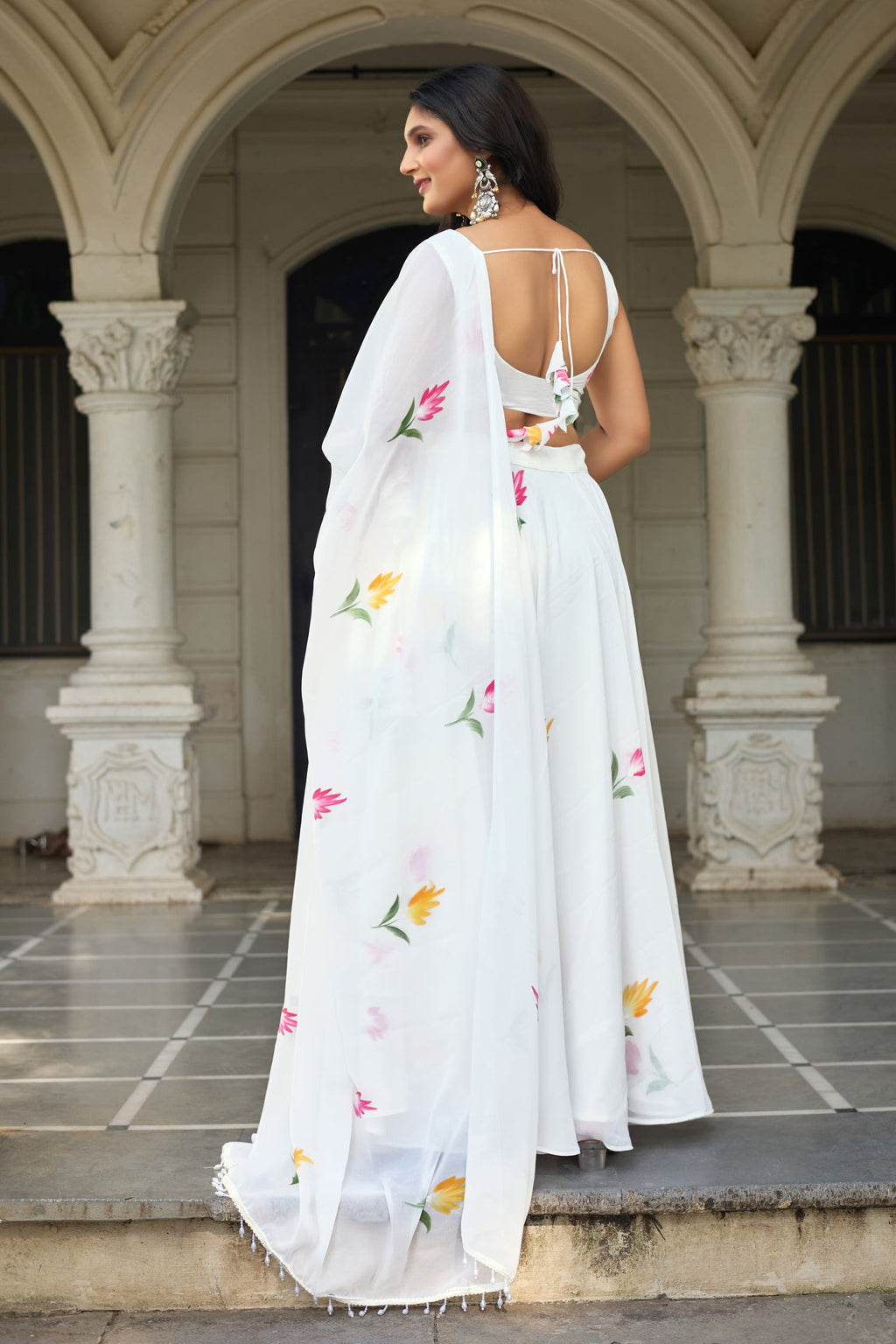 Lorenvalley Fashion White Georgette with Hand-painted Floral Design Lehenga Choli with Dupatta | Grocsy