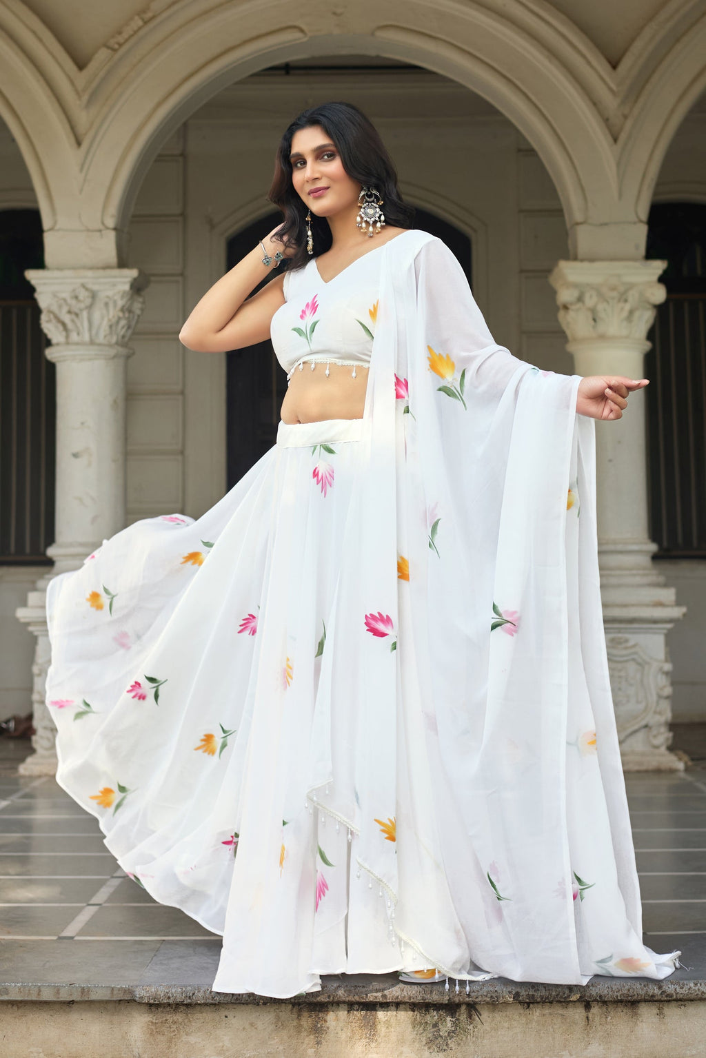 Lorenvalley Fashion White Georgette with Hand-painted Floral Design Lehenga Choli with Dupatta | Grocsy
