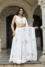 Lorenvalley Fashion White Georgette with Hand-painted Floral Design Lehenga Choli with Dupatta | Grocsy