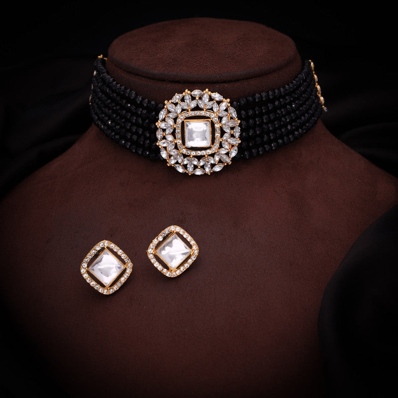Tehzeeb Creations Brass Gold-Polished Gold, Black, White Jewel Set   | Grocsy