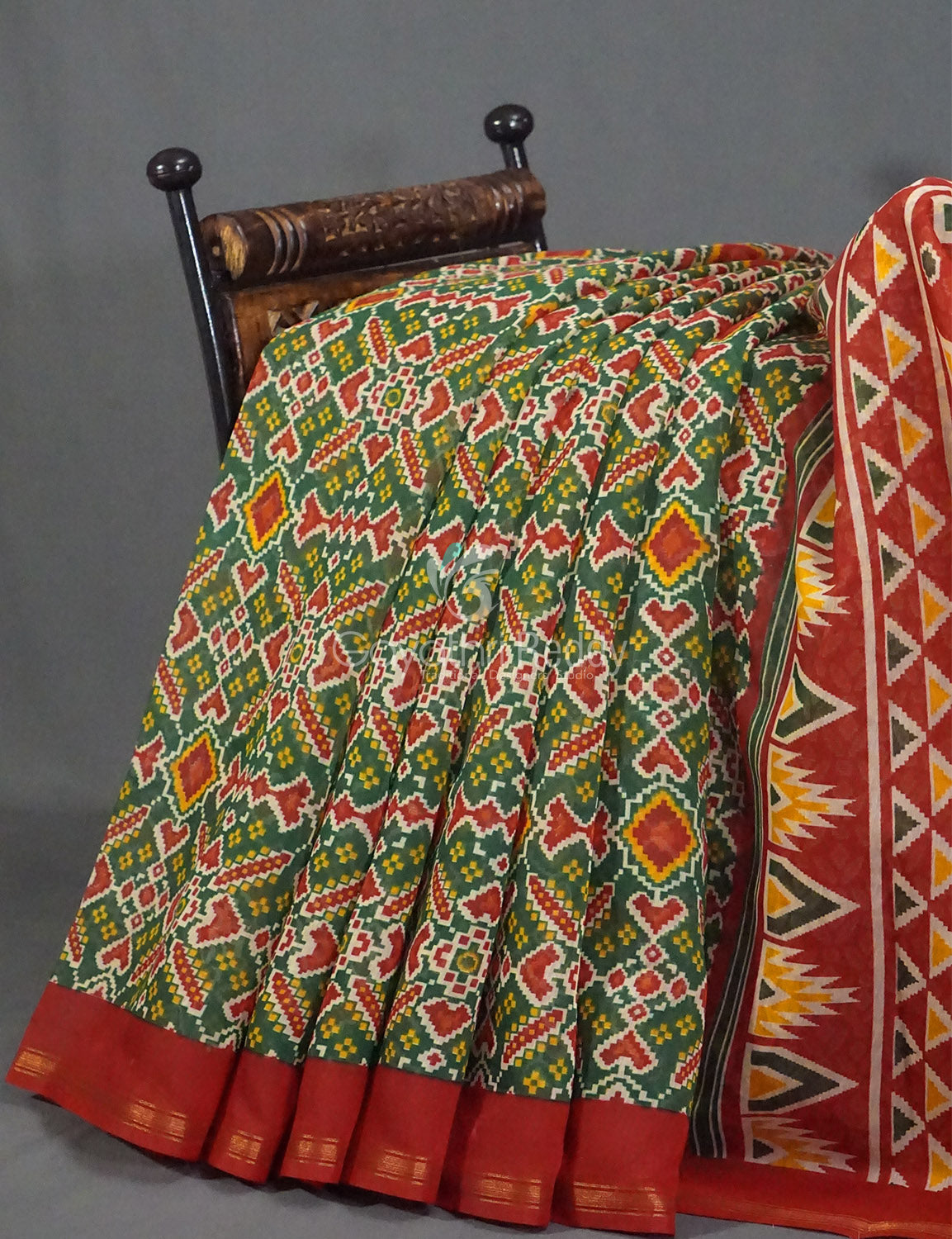 Dark Leaf Green And Red Colour Patola Print Semi Chanderi Saree By Gayathri Reddy Designer Studio | Grocsy