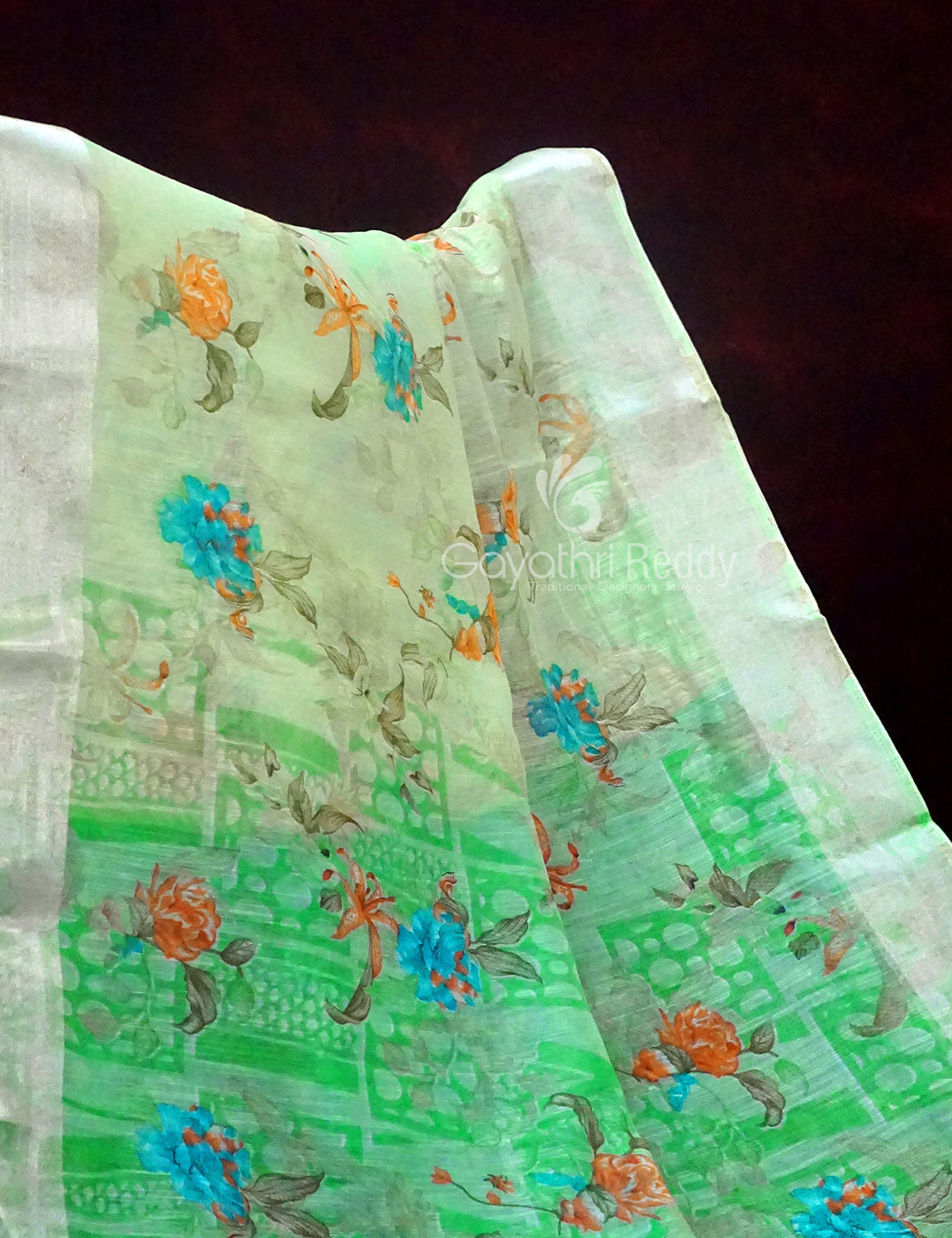 Shades of Apple Green With Turquoise Green Blouse Floral Design Semi Chanderi Saree By Gayathri Reddy Designer Studio | Grocsy