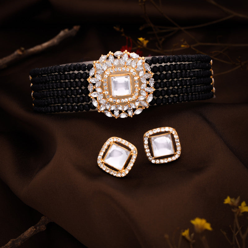 Tehzeeb Creations Brass Gold-Polished Gold, Black, White Jewel Set   | Grocsy