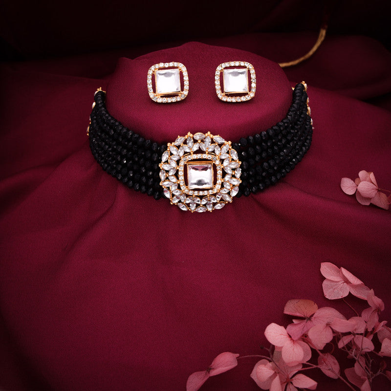 Tehzeeb Creations Brass Gold-Polished Gold, Black, White Jewel Set   | Grocsy