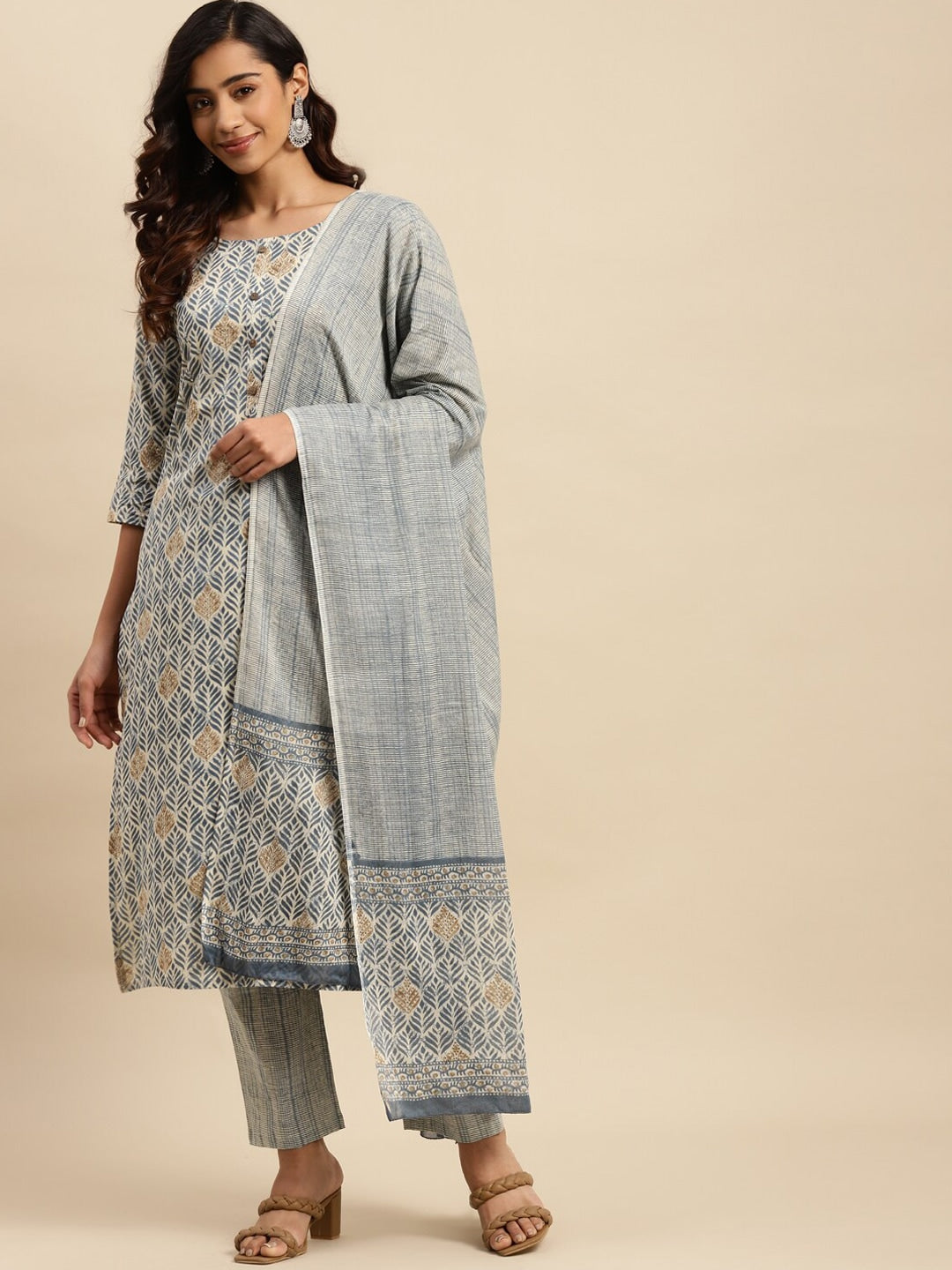 Sangria Floral Printed Mirror Work Pure Cotton Kurta With Trouser & Dupatta | Grocsy