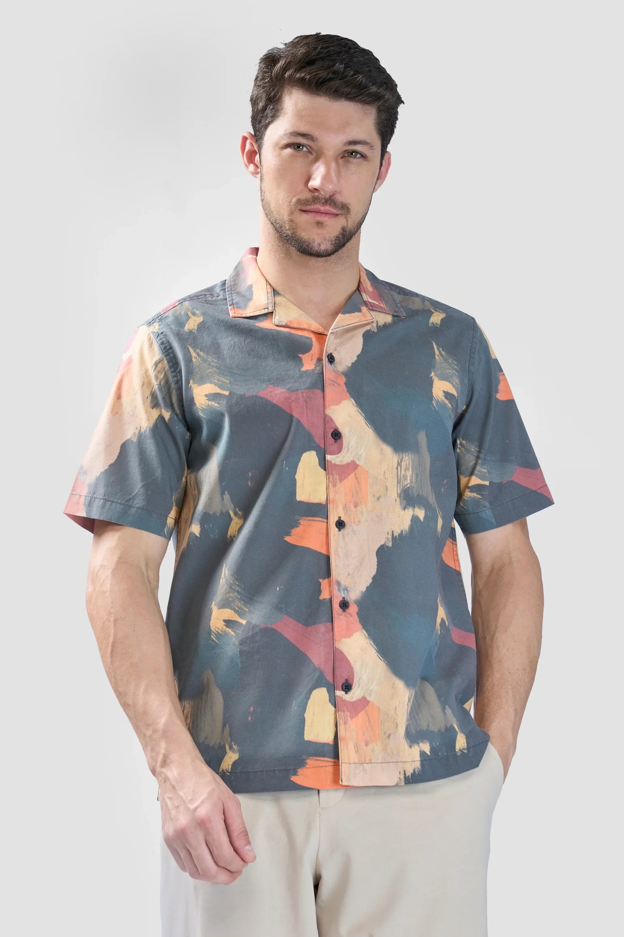 Xkind Dark Grey Abstract Printed Relaxed Fit Shirt | Grocsy
