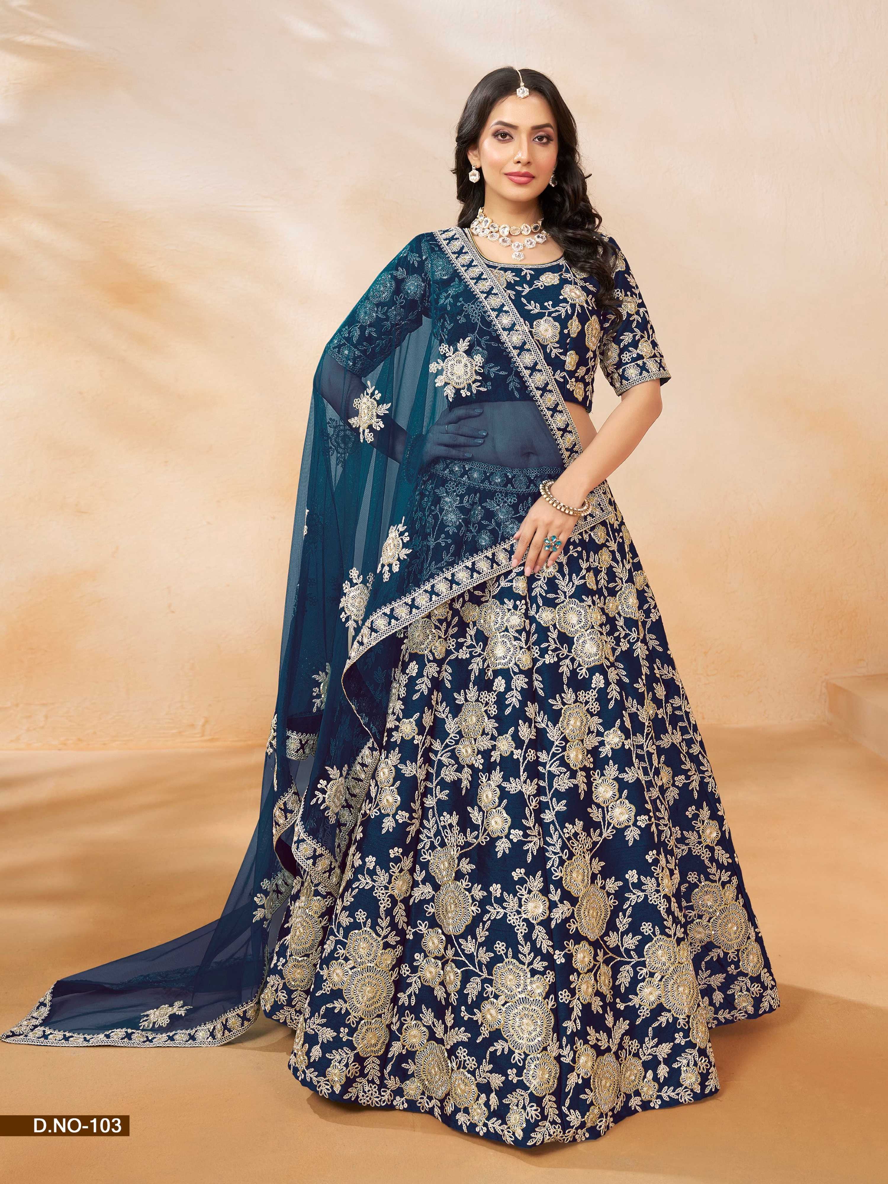 Anaita Navy Blue Embroidered Heavy Art Silk Designer Lehenga With Blouse | Grocsy