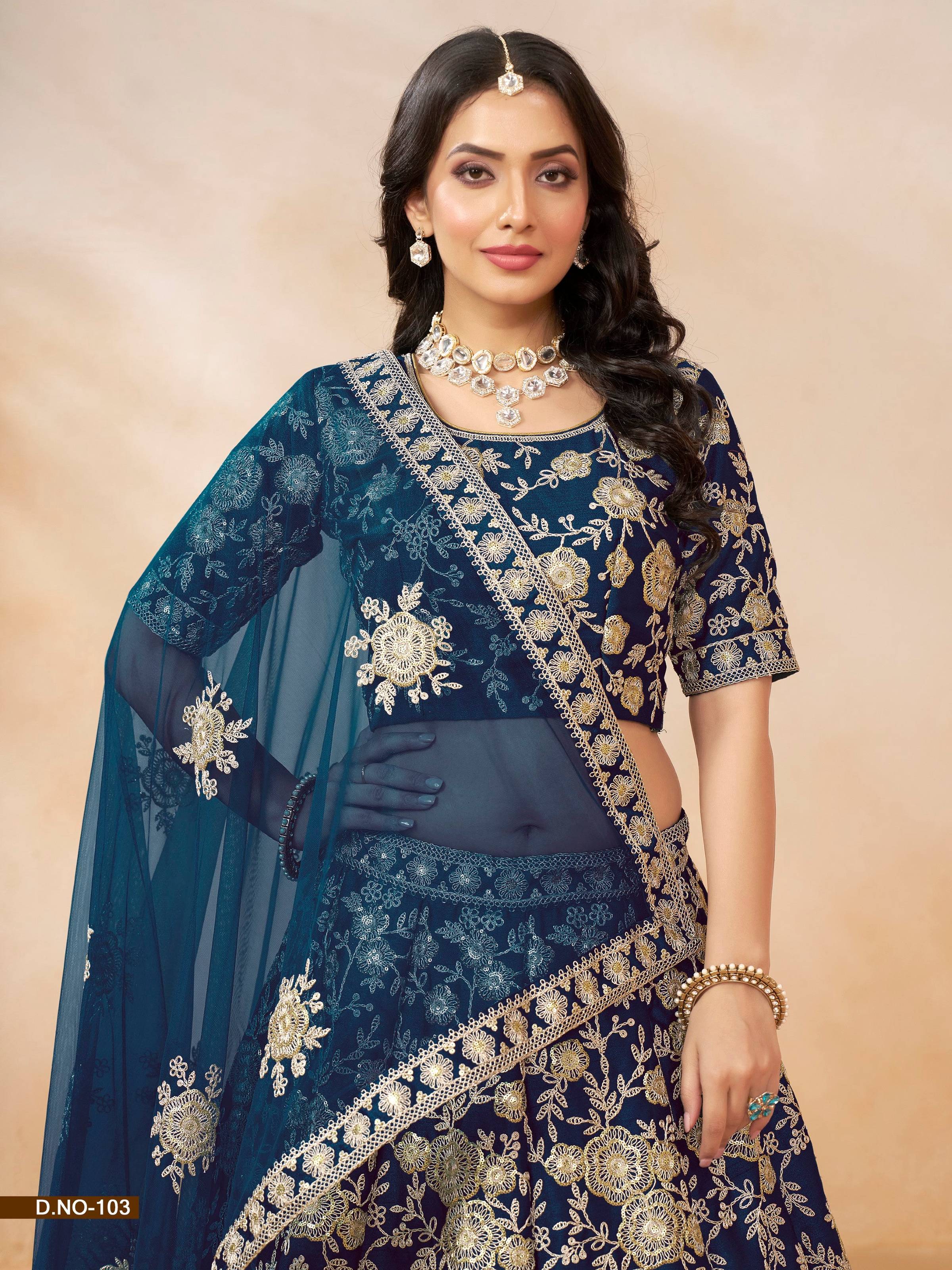 Anaita Navy Blue Embroidered Heavy Art Silk Designer Lehenga With Blouse | Grocsy