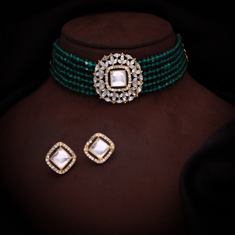 Tehzeeb Creations Brass Gold-Polished Gold, Green, White Jewel Set   | Grocsy