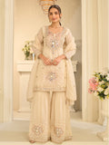 Evanik Cream Silk Blend with Real Mirror with Sequence Hand Work Kurta Sharara Dupatta Set | Grocsy