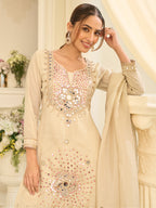 Evanik Cream Silk Blend with Real Mirror with Sequence Hand Work Kurta Sharara Dupatta Set | Grocsy