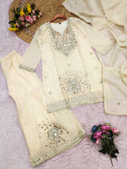 Evanik Cream Silk Blend with Real Mirror with Sequence Hand Work Kurta Sharara Dupatta Set | Grocsy