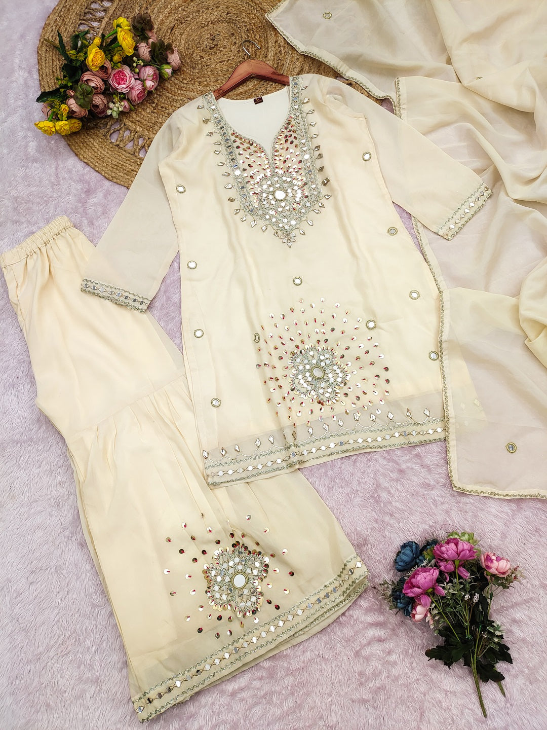 Evanik Cream Silk Blend with Real Mirror with Sequence Hand Work Kurta Sharara Dupatta Set | Grocsy