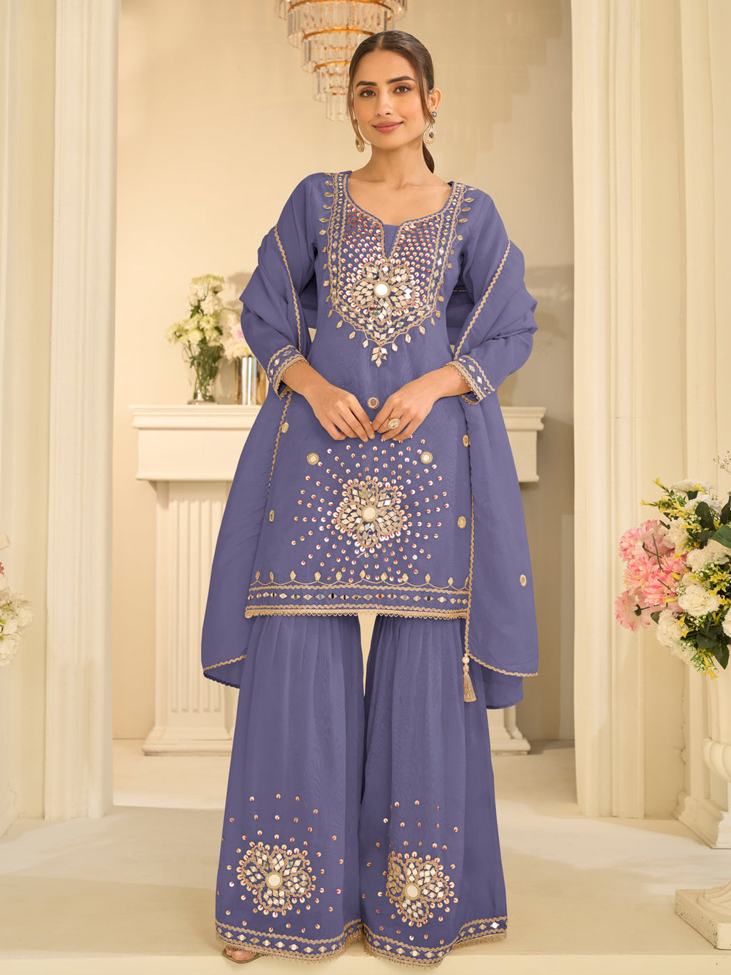 Evanik Lavender Silk Blend with Real Mirror with Sequence Hand Work Kurta Sharara Dupatta Set | Grocsy