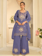 Evanik Lavender Silk Blend with Real Mirror with Sequence Hand Work Kurta Sharara Dupatta Set | Grocsy