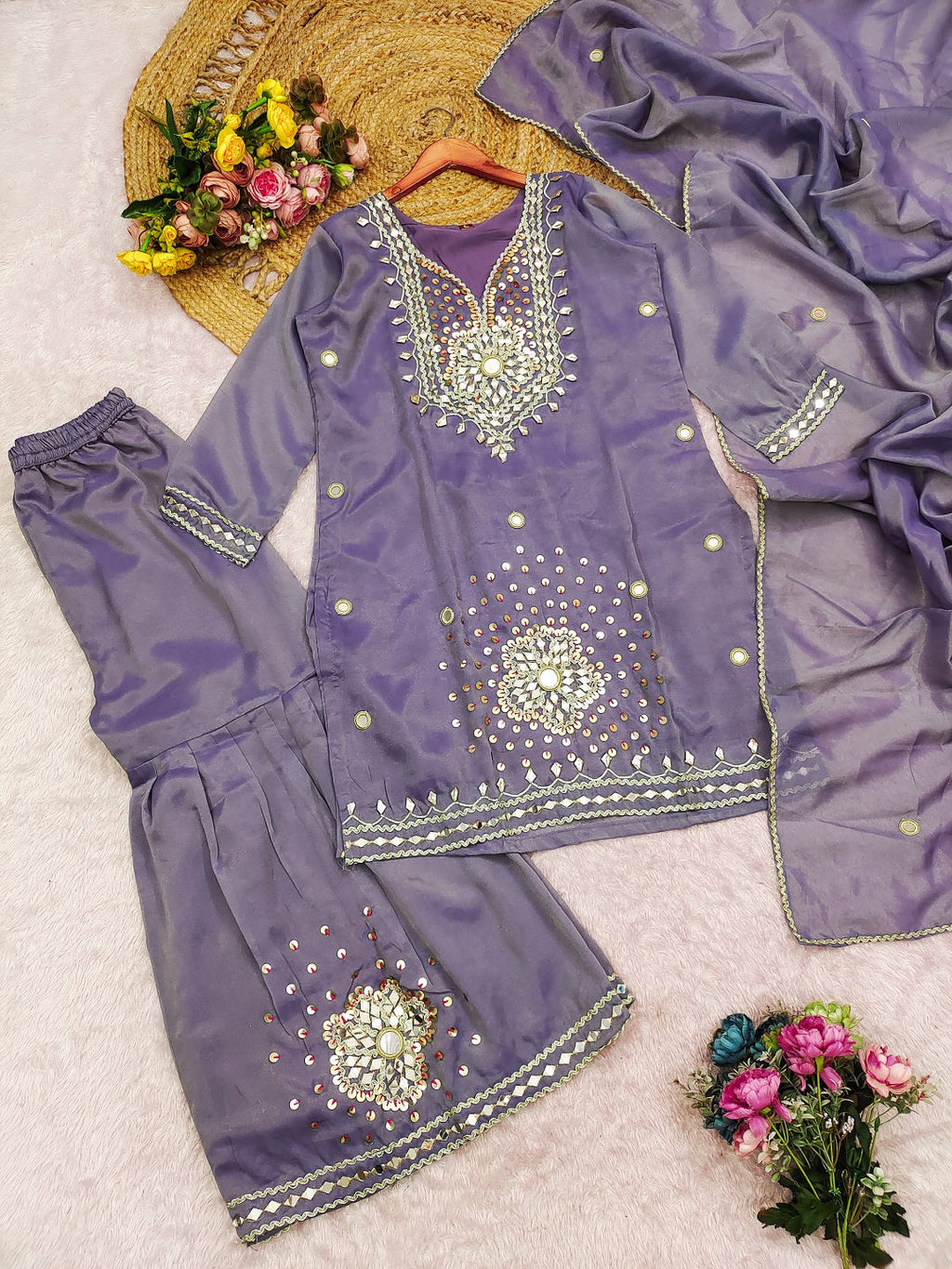Evanik Lavender Silk Blend with Real Mirror with Sequence Hand Work Kurta Sharara Dupatta Set | Grocsy