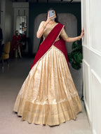 Lorenvalley Fashion Cream Handloom Zari Waving Work Lehenga Choli with Dupatta | Grocsy