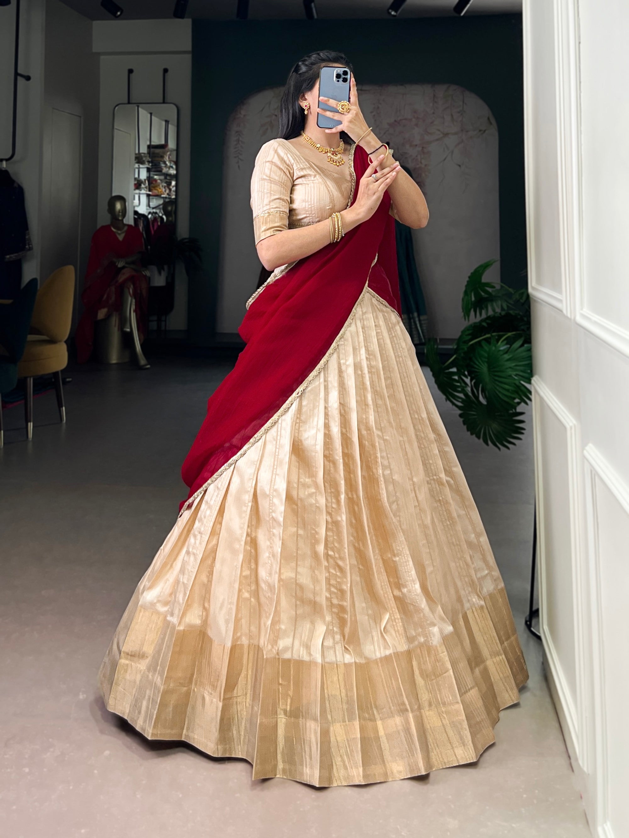 Lorenvalley Fashion Cream Handloom Zari Waving Work Lehenga Choli with Dupatta | Grocsy