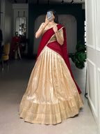 Lorenvalley Fashion Cream Handloom Zari Waving Work Lehenga Choli with Dupatta | Grocsy