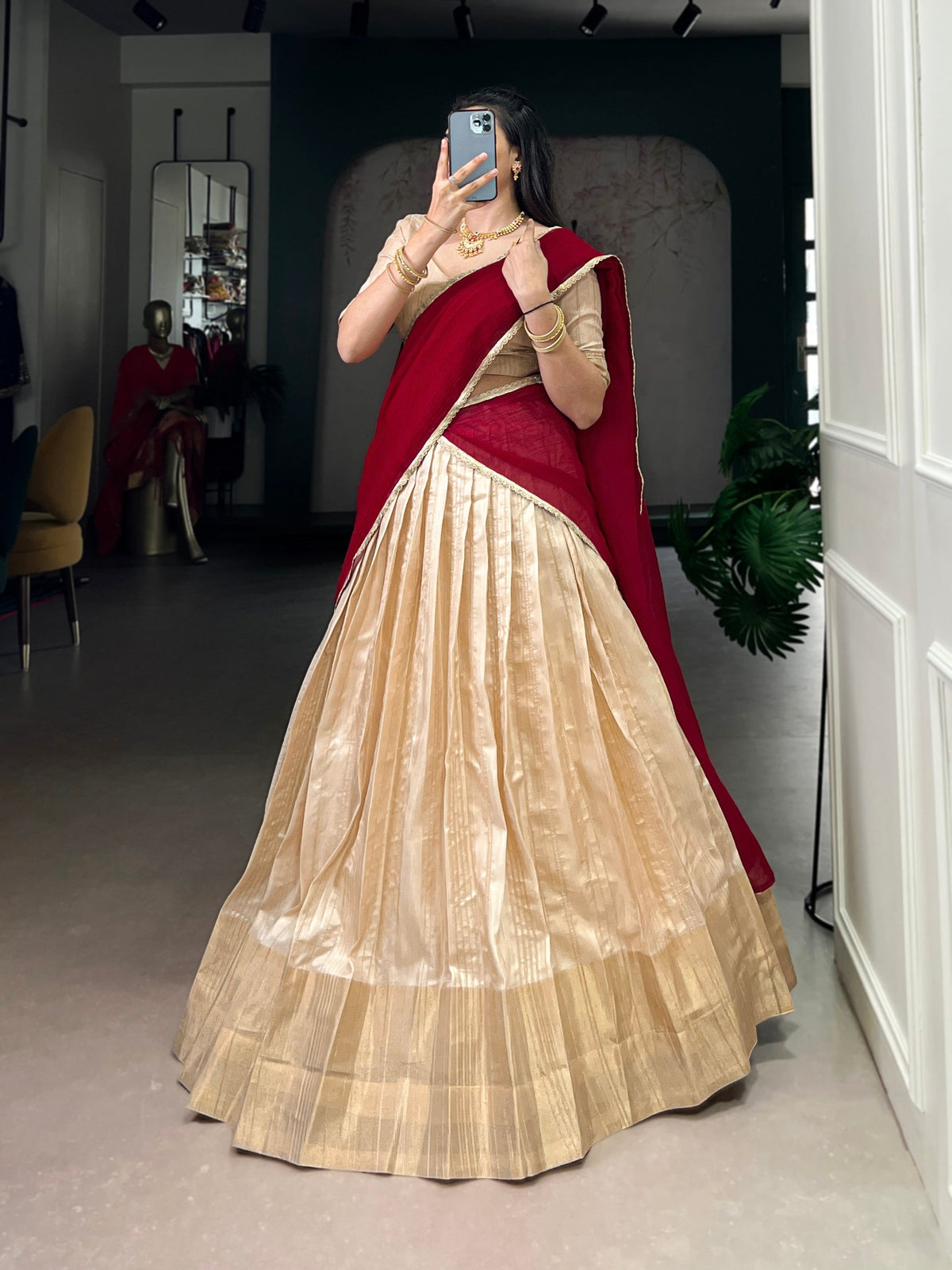 Lorenvalley Fashion Cream Handloom Zari Waving Work Lehenga Choli with Dupatta | Grocsy