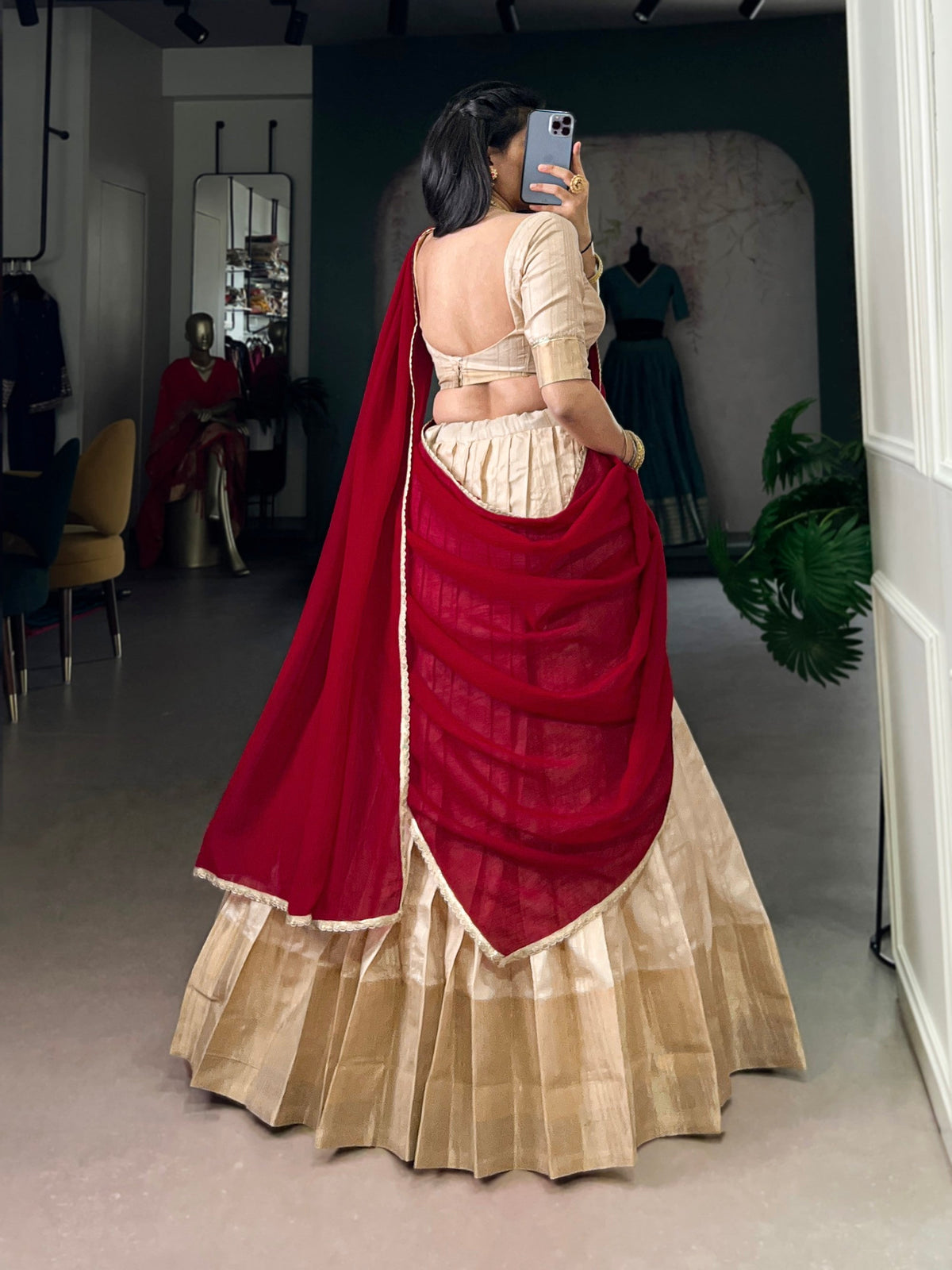 Lorenvalley Fashion Cream Handloom Zari Waving Work Lehenga Choli with Dupatta | Grocsy