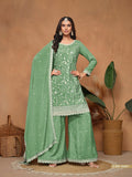 Anaita Green Embroidered Chinon Silk Palazzo Suit | Grocsy