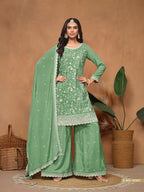Anaita Green Embroidered Chinon Silk Palazzo Suit | Grocsy