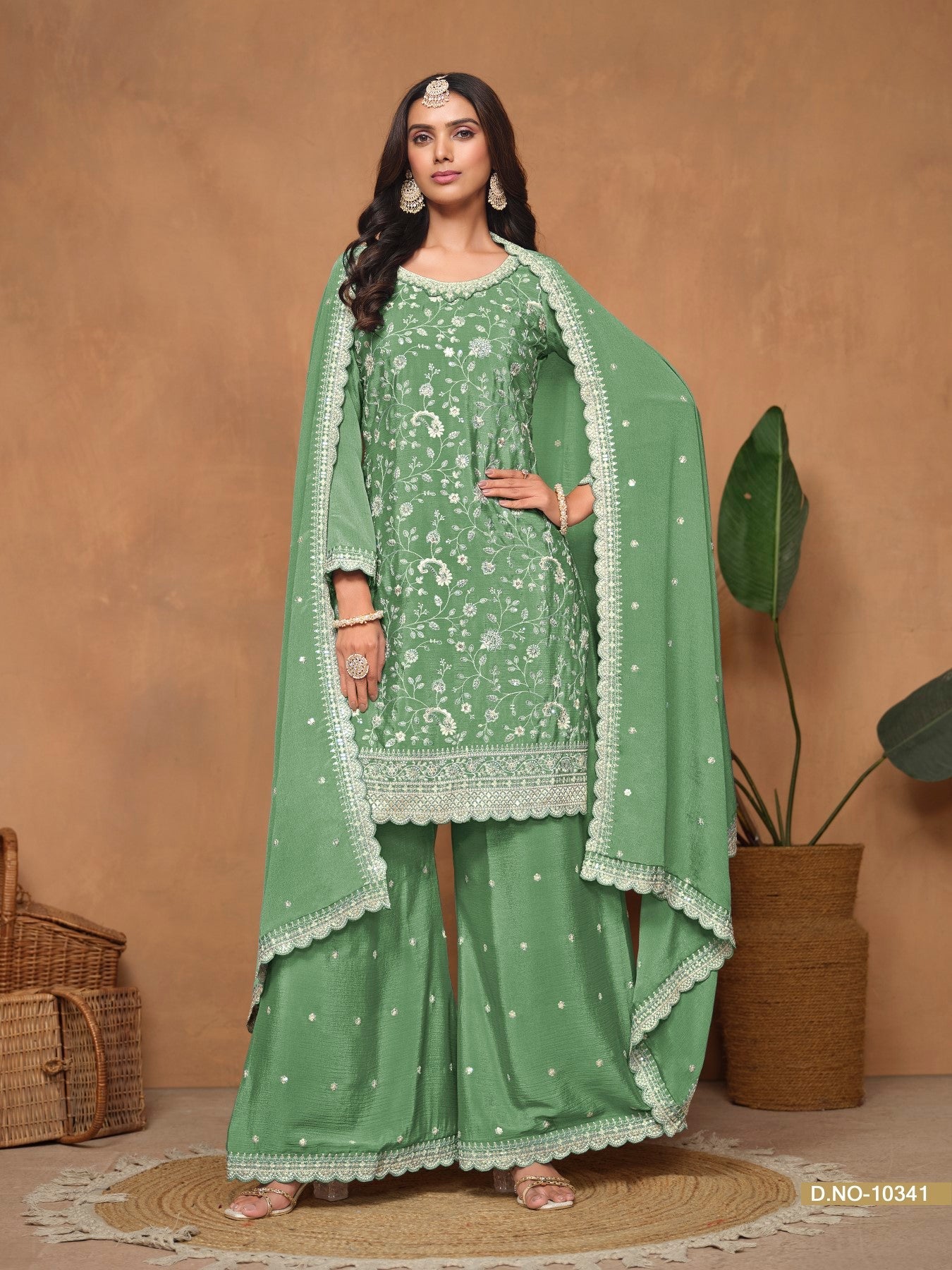 Anaita Green Embroidered Chinon Silk Palazzo Suit | Grocsy